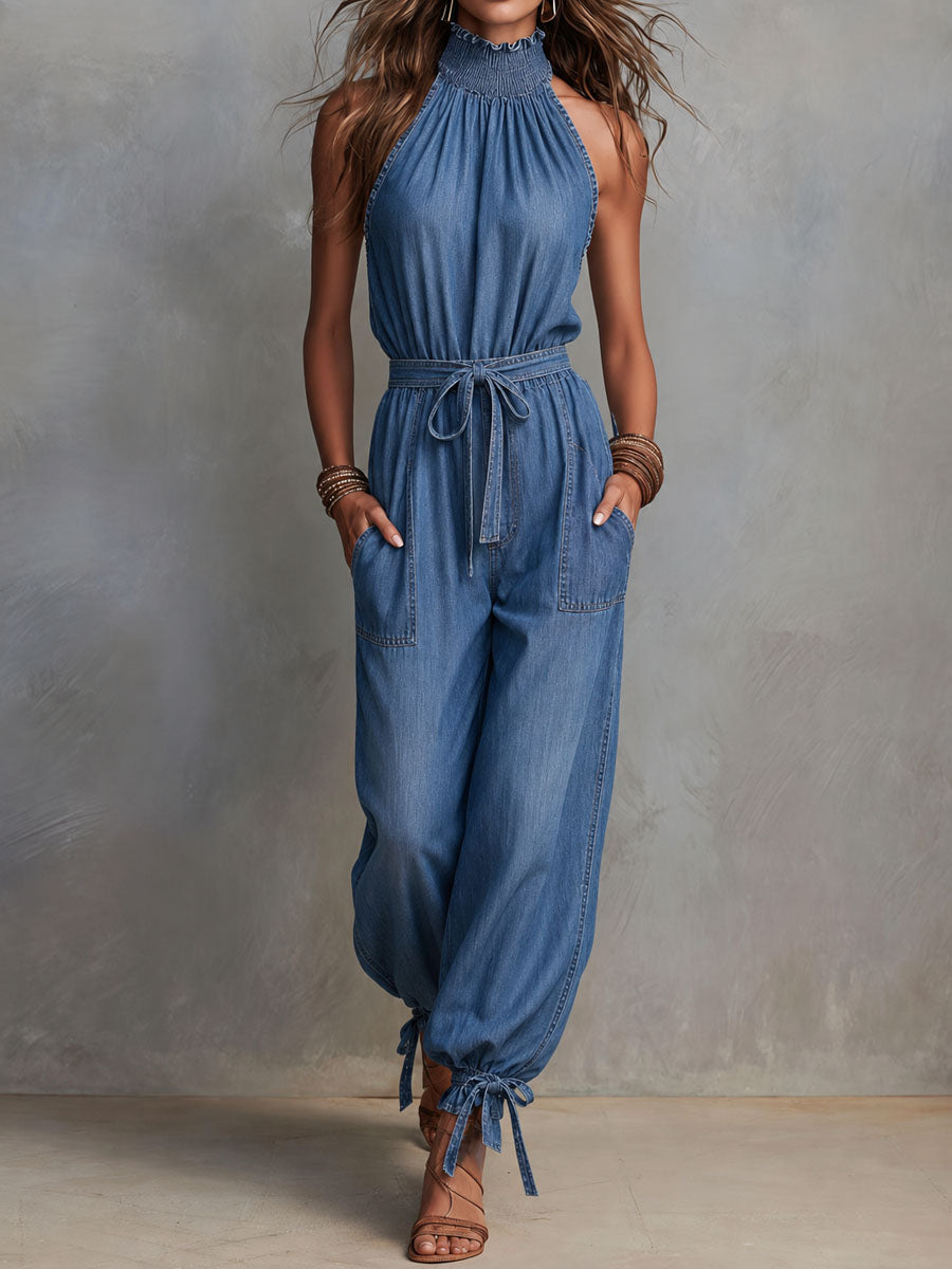Boho Denim Halter Neck Tie-Waist Jogger Jumpsuit