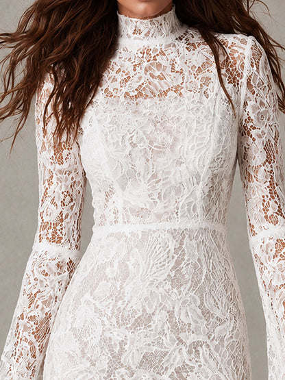 Boho Romantic White Lace High-Neck Mini Dress With Long Bell Sleeves
