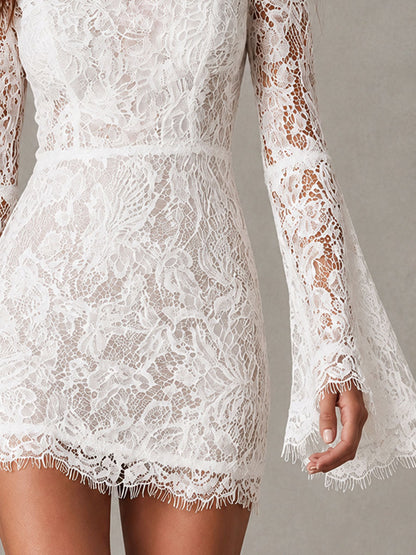 Boho Romantic White Lace High-Neck Mini Dress With Long Bell Sleeves