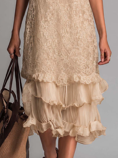 Boho Sleeveless Lace Layered Ruffle Midi Dress