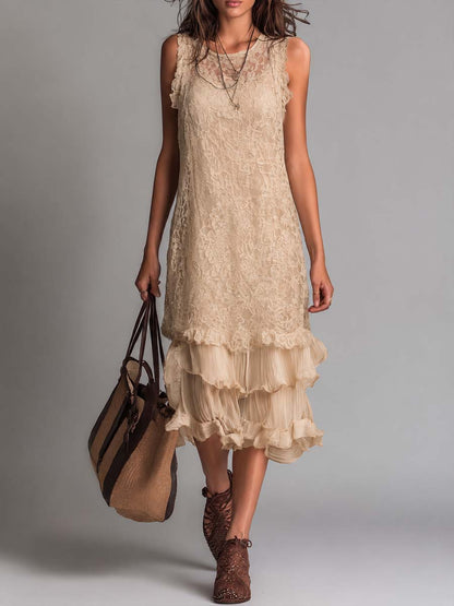 Boho Sleeveless Lace Layered Ruffle Midi Dress