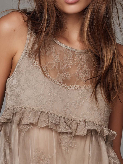 Boho Ruffle Lace Mesh Sleeveless Tank Top
