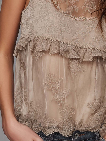 Boho Ruffle Lace Mesh Sleeveless Tank Top