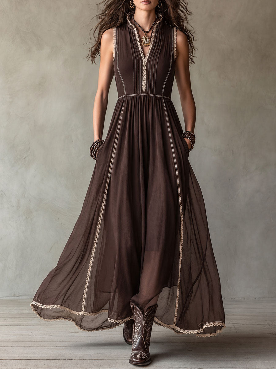 Boho Western Chocolate Brown Maxi Dress With Lace Trim