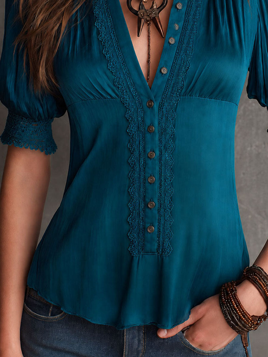Retro Elegant Teal Lace Trim Button-Front Blouse