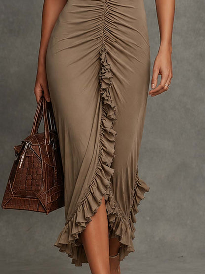 Boho Ruffle Deep Knit Ruched Split Bodycon Midi Dress