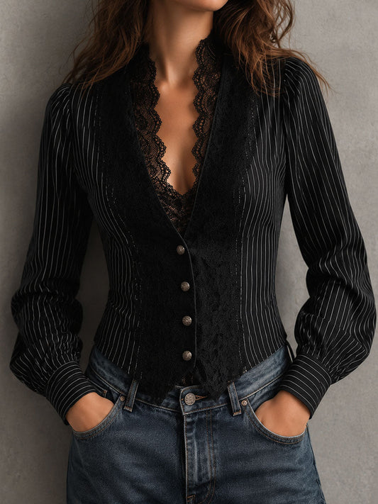 Retro Elegant Black Pinstripe Lace Panel Blouse