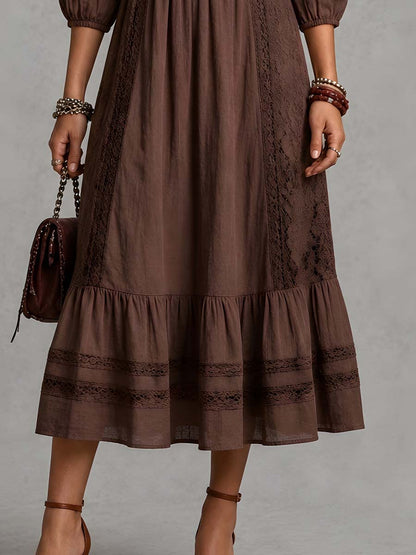 Vintage Smocked Waist Lace Details Cotton-linen Midi Dress