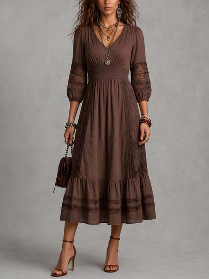 Vintage Smocked Waist Lace Details Cotton-linen Midi Dress