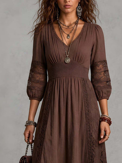 Vintage Smocked Waist Lace Details Cotton-linen Midi Dress
