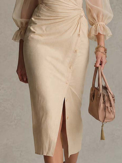 Cotton-linen Sheer Puff Sleeve Wrap Ruched Button Slit Midi Shirt Dress