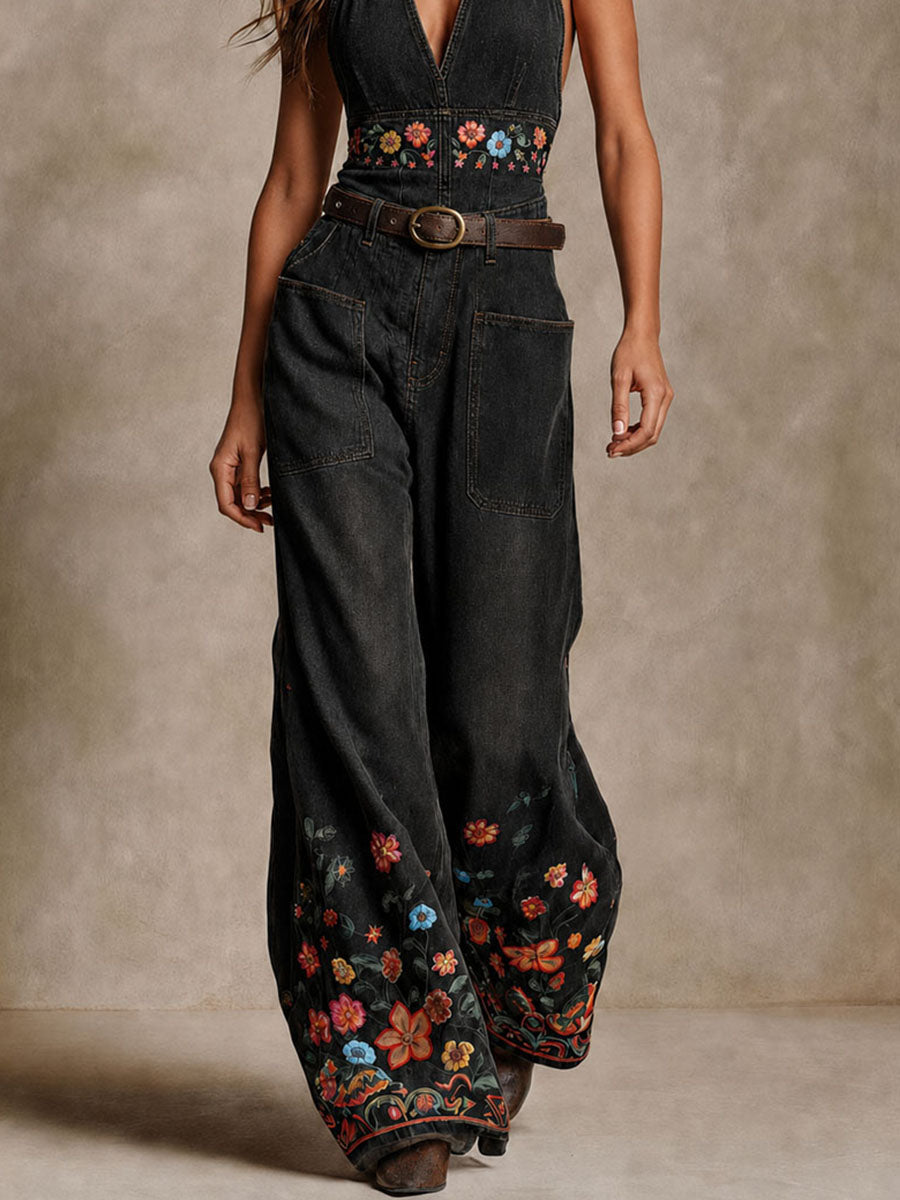 Boho Black Denim Halter Floral Embroidered Wide-Leg Jumpsuit