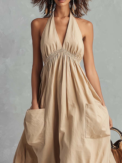Boho Halter Cotton Elastic Waist Pocket Ruffle Hem Midi Dress
