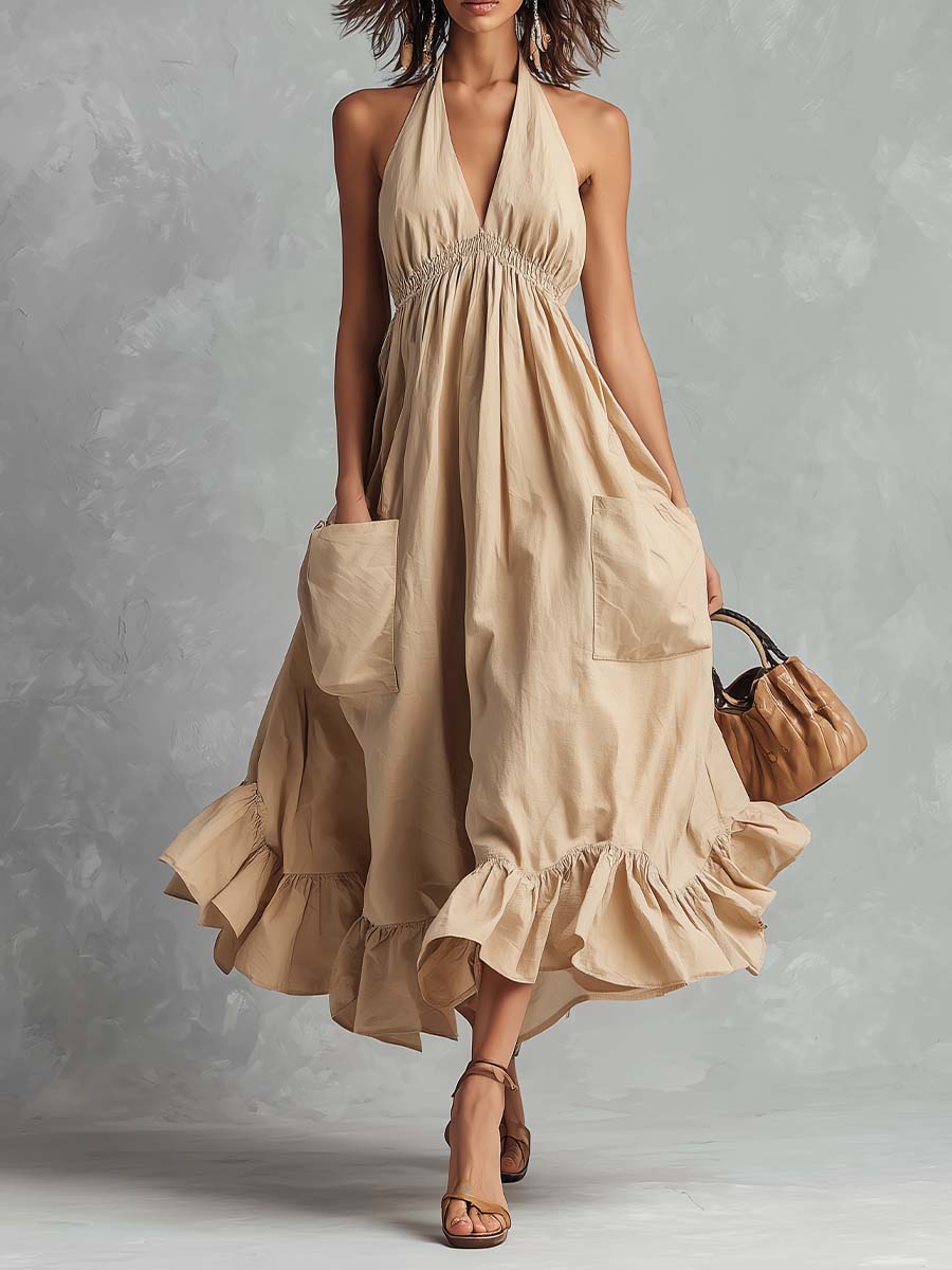Boho Halter Cotton Elastic Waist Pocket Ruffle Hem Midi Dress