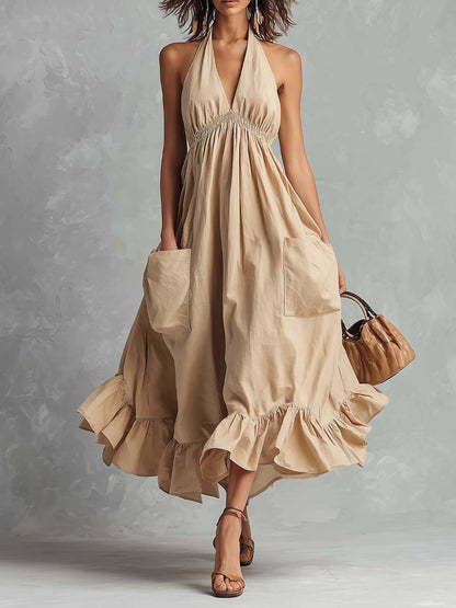 Boho Halter Cotton Elastic Waist Pocket Ruffle Hem Midi Dress