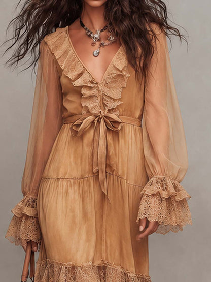 Boho Lace V Neck Tie Waist Tiered Chiffon Bell Sleeve Midi Dress