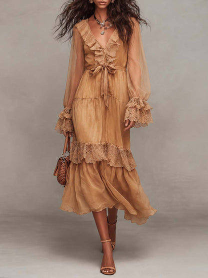 Boho Lace V Neck Tie Waist Tiered Chiffon Bell Sleeve Midi Dress