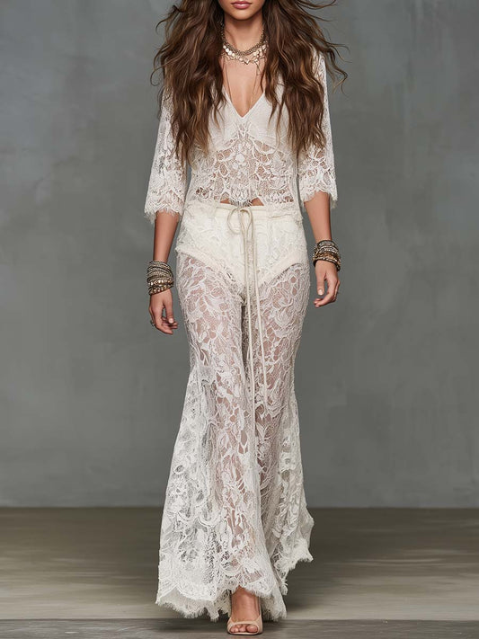 Boho Sheer Floral Lace V-Neck Top & Drawstring Flare Pants Two-Piece Set