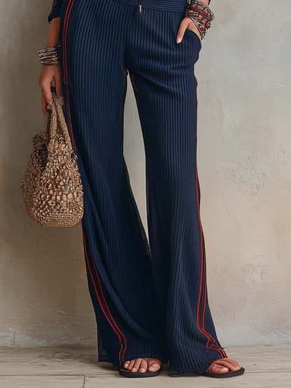 Retro Contrast Piping Ribbed Knit Two-piece Set