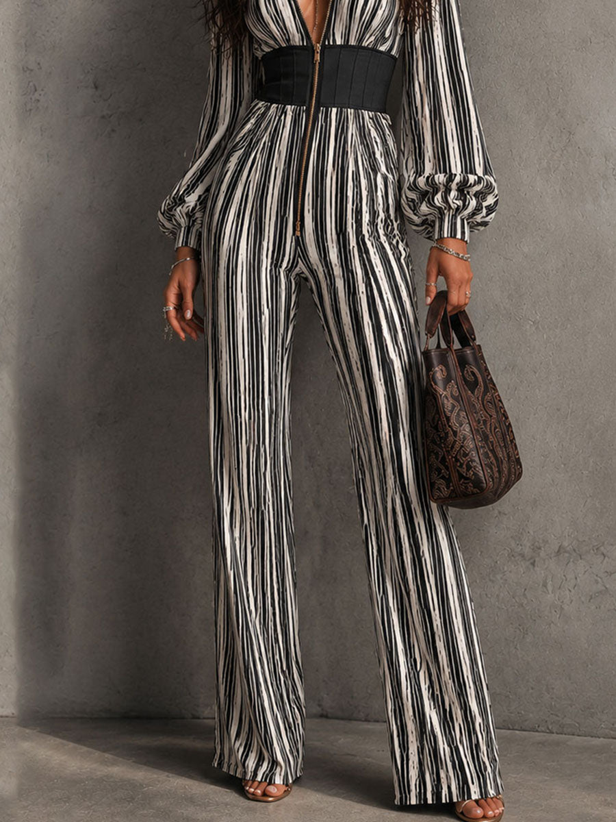 Retro Elegant Striped Corset Waist Zipper Flared Jumpsuit