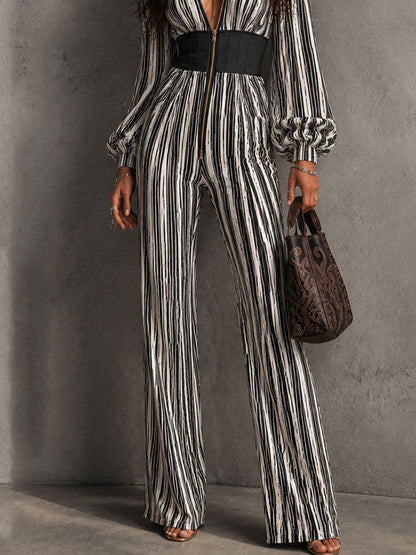 Retro Elegant Striped Corset Waist Zipper Flared Jumpsuit