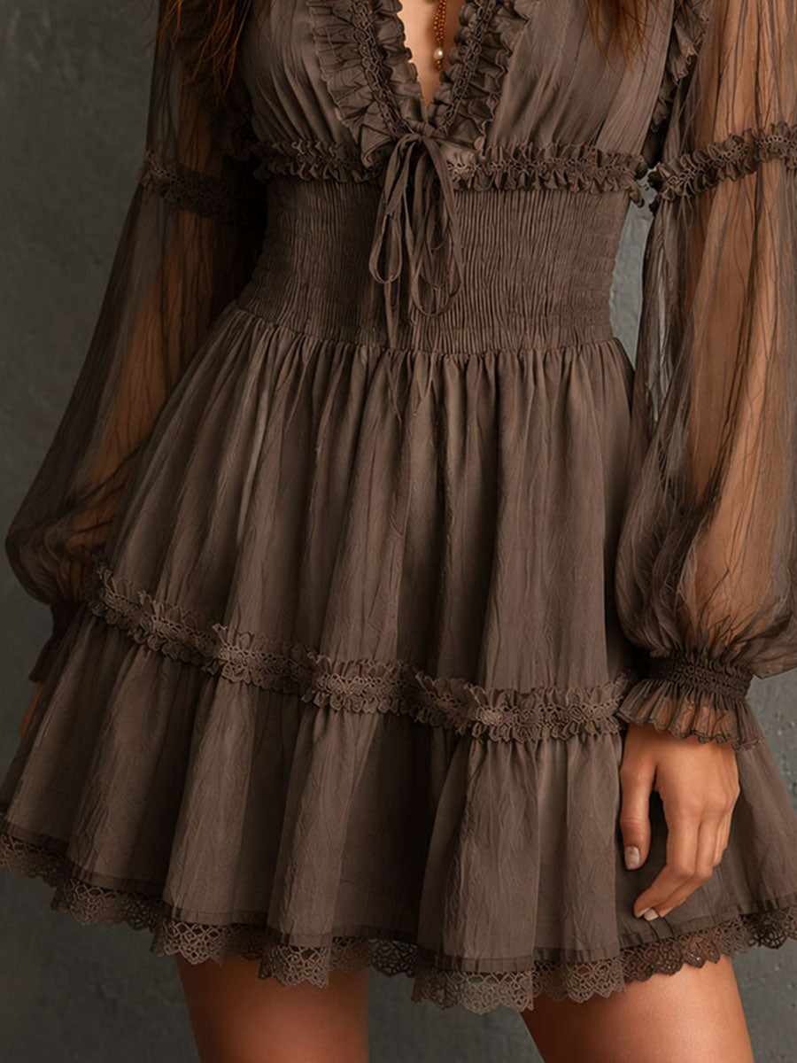 Boho Cotton And Linen Blend Lace Trim Smocked Waist Sheer Sleeve Mini Dress