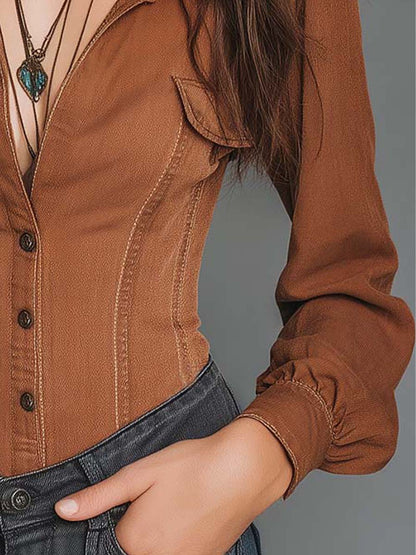Denim Button Front Corset Waist Puff Long Sleeve Crop Blouse