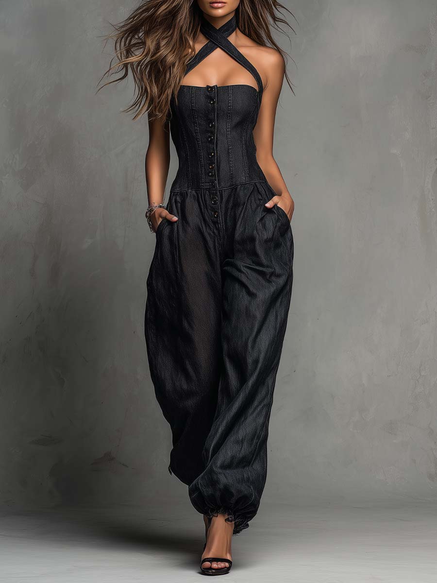 Cross Halter Button Front Corset Wide Leg Pocket Tencel Denim Jumpsuit