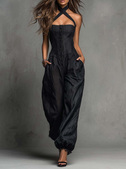 Cross Halter Button Front Corset Wide Leg Pocket Tencel Denim Jumpsuit