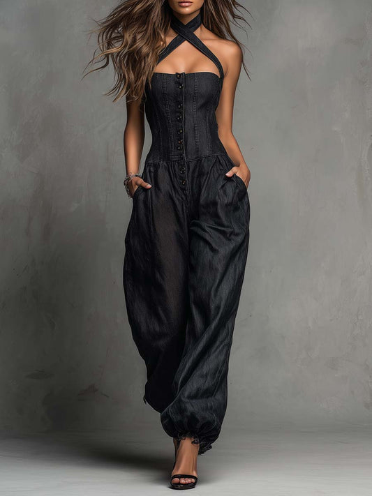 Cross Halter Button Front Corset Wide Leg Pocket Tencel Denim Jumpsuit