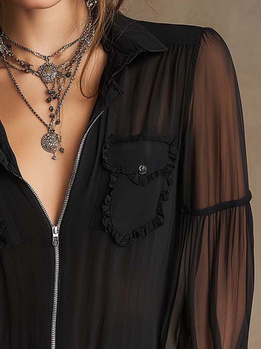 Gothic Collared Zip Front Ruffle Pocket Sheer Puff Sleeve Blouse