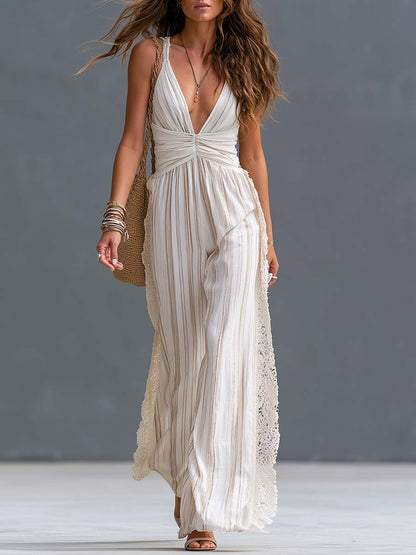 Boho Striped Deep V-Neck Crochet Lace-Side Wide-Leg Maxi Jumpsuit