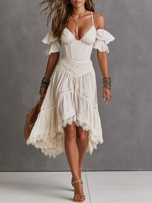 Boho Cold-Shoulder Lace-Trim Corset Bustier High-Low Ruffle Midi Dress