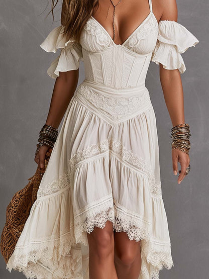 Boho Cold-Shoulder Lace-Trim Corset Bustier High-Low Ruffle Midi Dress