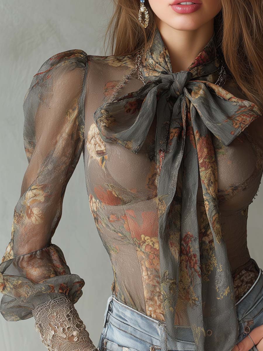 Vintage Oil Painting-style Florals Tie-front Chiffon Blouse