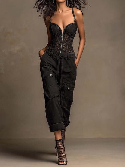 Refined Casual Pure Cotton Zip Lace Corset Jumpsuit