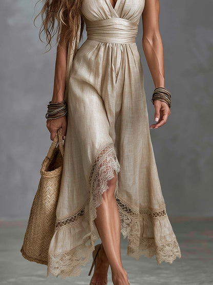 Boho Linen Stand-Collar Halter Deep V Lace-Hem Midi Dress