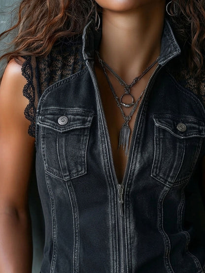 Vintage Western Lace Trim Zip Front Denim Vest