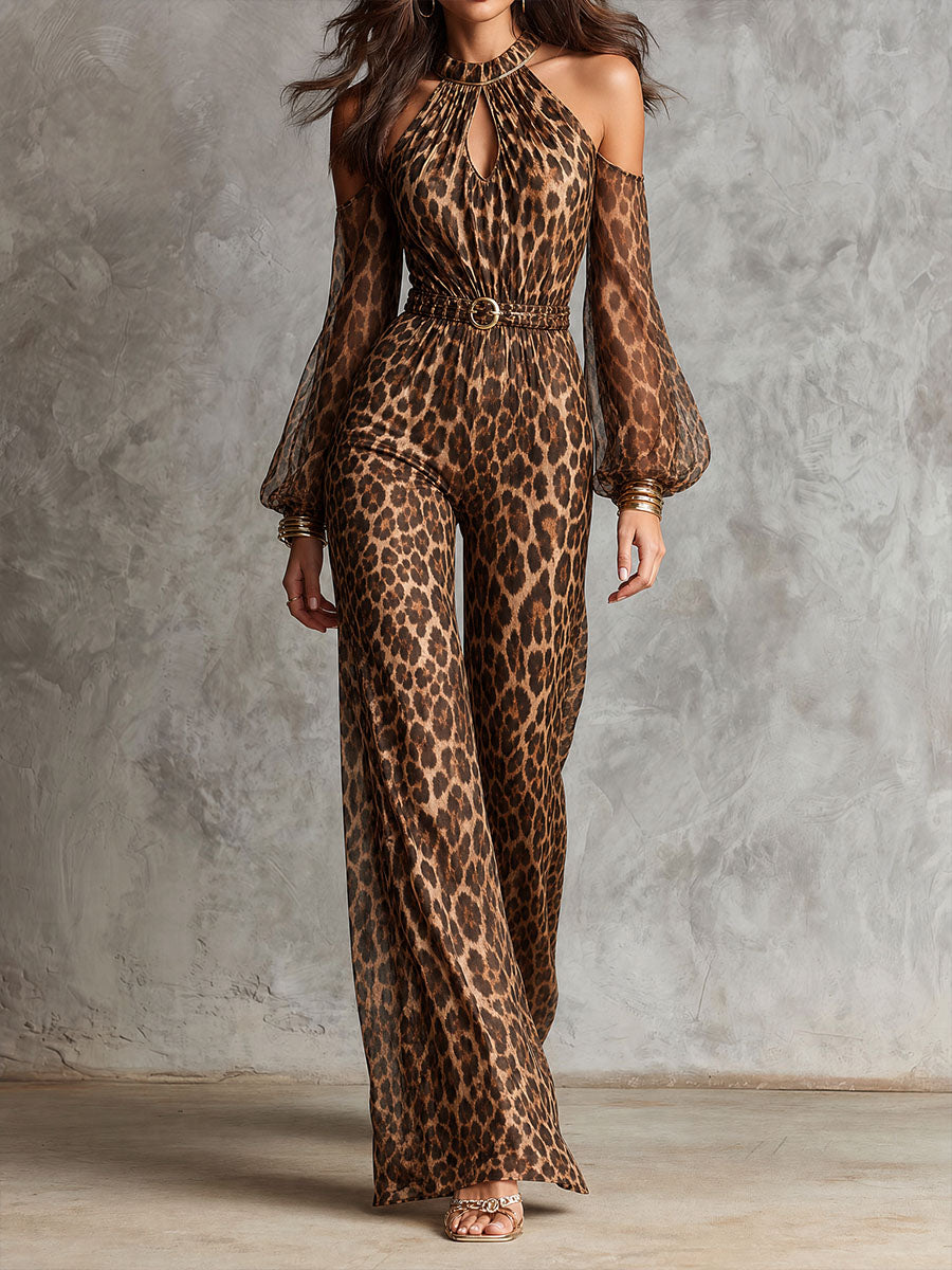 Retro Elegant Leopard Print Halter Cold Shoulder Jumpsuit