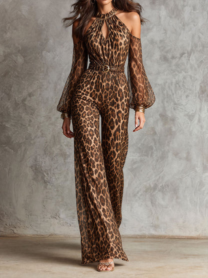 Retro Elegant Leopard Print Halter Cold Shoulder Jumpsuit