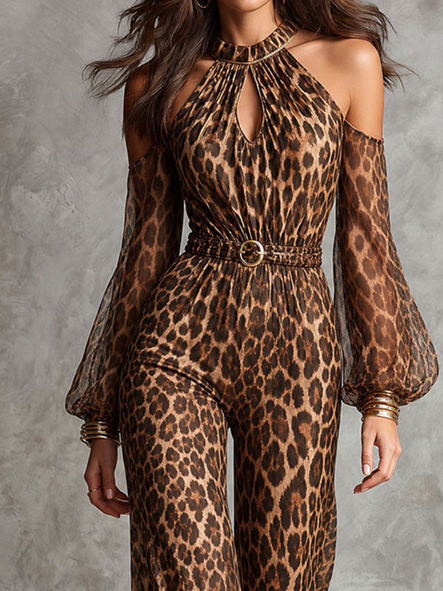 Retro Elegant Leopard Print Halter Cold Shoulder Jumpsuit