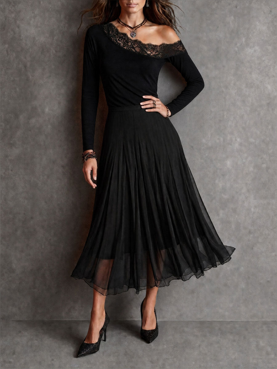Boho Romantic Black Lace Trim One Shoulder Knit Midi Dress With Swing Chiffon Skirt