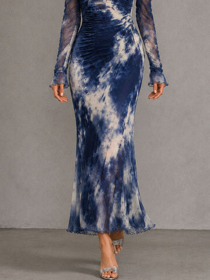 Boho Blue Tie Dye Mesh Ruched Off Shoulder Mermaid Maxi Dress