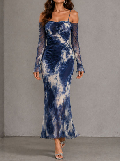 Boho Blue Tie Dye Mesh Ruched Off Shoulder Mermaid Maxi Dress