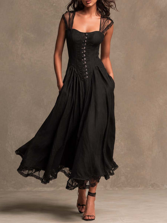 Gothic Vintage Mesh Strap Corset Lace Hem Pocket Midi Dress