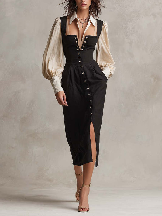 Vintage Corset Waist Fake Layer Shirt Patchwork Midi Dress