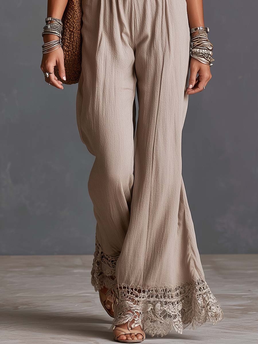 Boho Halter Deep V-Neck Lace-Hem Wide-Leg Maxi Jumpsuit