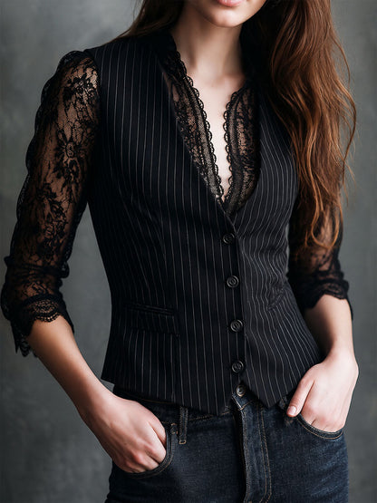 Retro Elgant Black Pinstripe Vest With Lace Sleeve