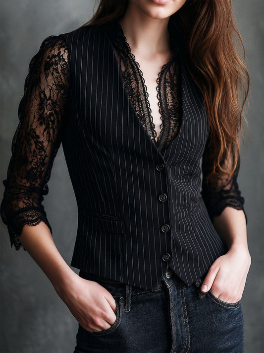 Retro Elgant Black Pinstripe Vest With Lace Sleeve