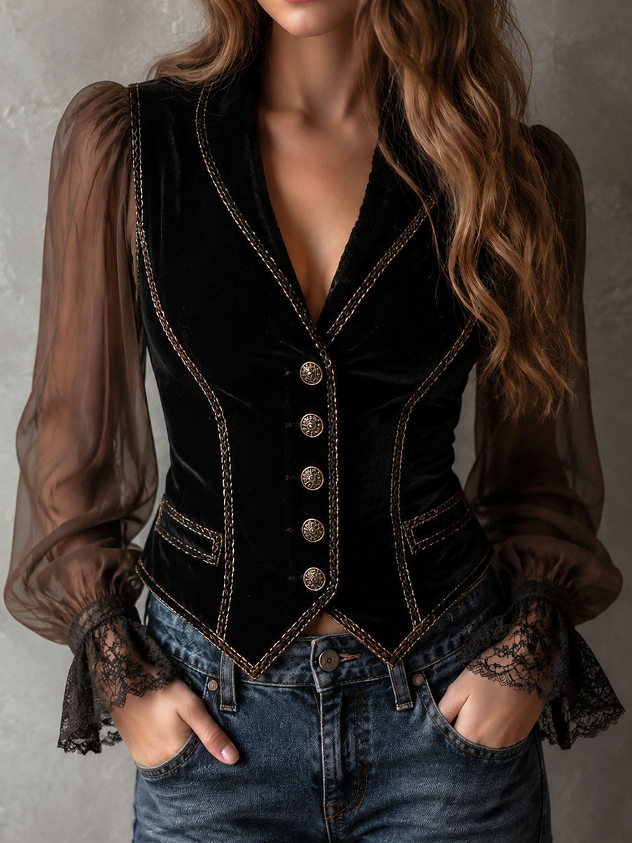 Vintage Black Velvet Contrast Stitch Vest With Sheer Chiffon Sleeve